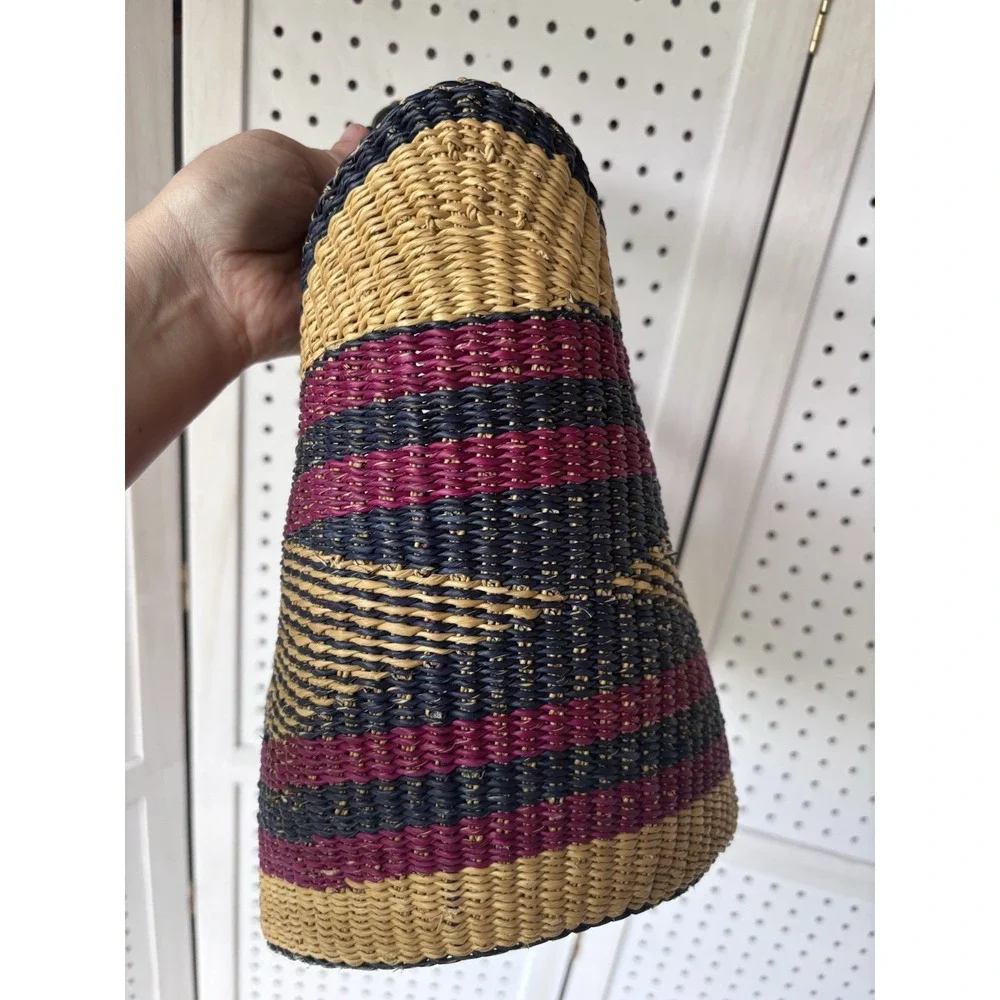 African Bolga MARKET BASKET Woven Straw Tote W/ Leather Handles U Shape